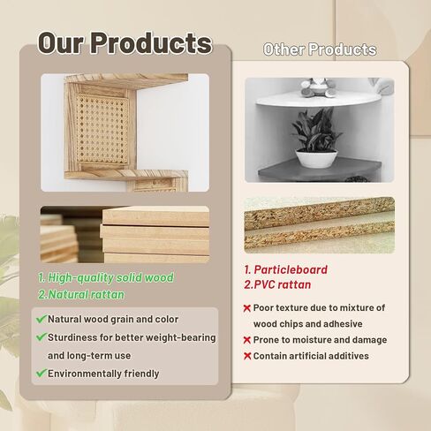 4-Tier Corner Shelf Natural Rattan Floating Corner Shelves Wall Mount Shelves for Living Rooms, Bedroom, Office (01-Paulownia) in Saudi Arabia