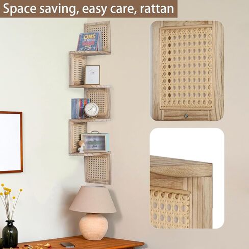 4-Tier Corner Shelf Natural Rattan Floating Corner Shelves Wall Mount Shelves for Living Rooms, Bedroom, Office (01-Paulownia) in Saudi Arabia