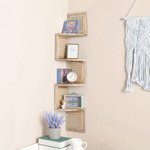 4-Tier Corner Shelf Natural Rattan Floating Corner Shelves Wall Mount Shelves for Living Rooms, Bedroom, Office (01-Paulownia) in Saudi Arabia