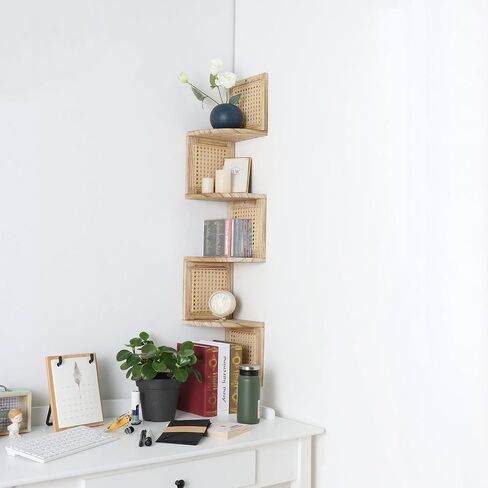 4-Tier Corner Shelf Natural Rattan Floating Corner Shelves Wall Mount Shelves for Living Rooms, Bedroom, Office (01-Paulownia) in Saudi Arabia