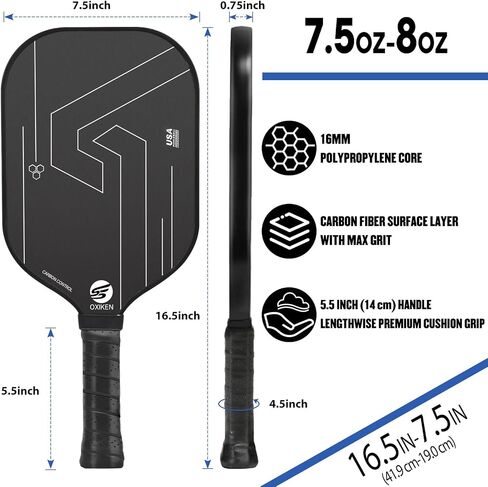 OXIKEN 10/13/16 mm Pickleball Paddles 2024 USAPA Approved T700 Carbon Fiber Pickle Paddle (CFS), High Grit & Spin, Honeycomb Core, 5.5" Elongated Handle, Anti Slip Sweat Absorbing Grip with Cover Case in Saudi Arabia