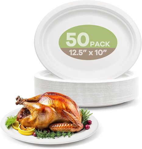 100% Compostable Oval Paper Plates, 12.5Inch 50Pack Disposable Heavy Duty Bagasse Platters Eco-Friendly Biodegradable Sugarcane Plates for BBQ, Party, Picnic - White in Saudi Arabia