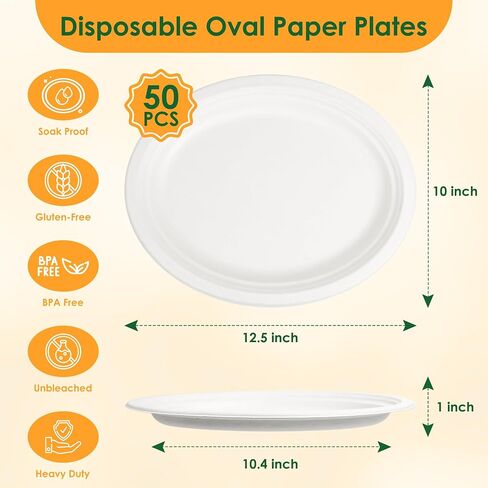 100% Compostable Oval Paper Plates, 12.5Inch 50Pack Disposable Heavy Duty Bagasse Platters Eco-Friendly Biodegradable Sugarcane Plates for BBQ, Party, Picnic - White in Saudi Arabia