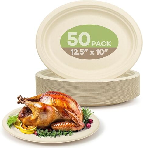 100% Compostable Oval Paper Plates, 12.5Inch 50Pack Disposable Heavy Duty Bagasse Platters Eco-Friendly Biodegradable Sugarcane Plates for BBQ, Party, Picnic - White in Saudi Arabia
