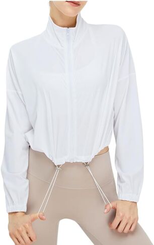 قميص نسائي رياضي بعامل حماية من أشعة الشمس 50+ واقٍ من الشمس بأكمام طويلة، سترة يوغا سريعة الجفاف بسحّاب للتمرين in Kuwait