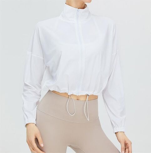 قميص نسائي رياضي بعامل حماية من أشعة الشمس 50+ واقٍ من الشمس بأكمام طويلة، سترة يوغا سريعة الجفاف بسحّاب للتمرين in Kuwait