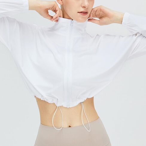 قميص نسائي رياضي بعامل حماية من أشعة الشمس 50+ واقٍ من الشمس بأكمام طويلة، سترة يوغا سريعة الجفاف بسحّاب للتمرين in Kuwait