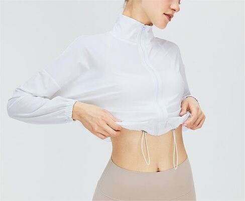 قميص نسائي رياضي بعامل حماية من أشعة الشمس 50+ واقٍ من الشمس بأكمام طويلة، سترة يوغا سريعة الجفاف بسحّاب للتمرين in Kuwait