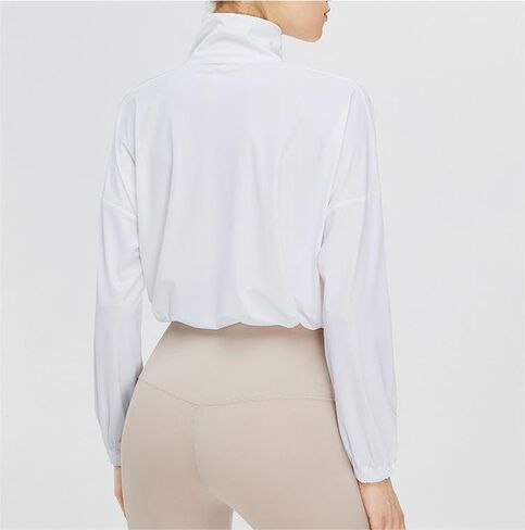 قميص نسائي رياضي بعامل حماية من أشعة الشمس 50+ واقٍ من الشمس بأكمام طويلة، سترة يوغا سريعة الجفاف بسحّاب للتمرين in Kuwait