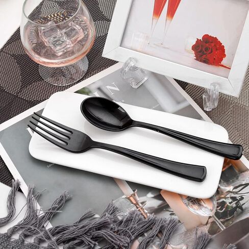 BUCLA 200 Pieces Gold Plastic Silverware - Disposable Gold Utensils - Heavy Duty Plastic Cutlery set- 100 Gold Plastic Forks, 100 Gold Plastic Spoons for Catering, Parties, Dinners, Weddings in Saudi Arabia