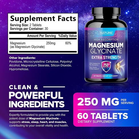 Magnesium Glycinate 250mg - High Absorption Chelated Magnesium Supplement - 100% Pure Magnesium Glycinate - Stress, Sleep, Heart, and Muscle Health Support - Non-GMO, Vegan, Gluten-Free (60 Tablets) in Saudi Arabia