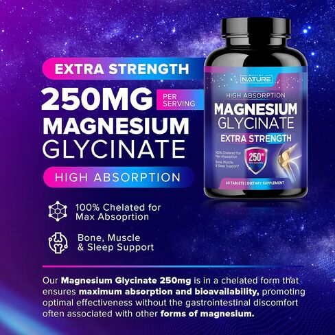 Magnesium Glycinate 250mg - High Absorption Chelated Magnesium Supplement - 100% Pure Magnesium Glycinate - Stress, Sleep, Heart, and Muscle Health Support - Non-GMO, Vegan, Gluten-Free (60 Tablets) in Saudi Arabia