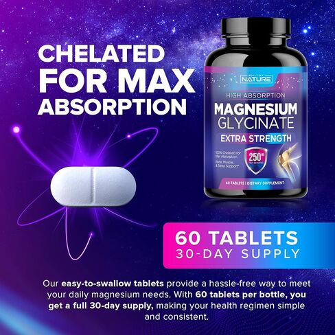 Magnesium Glycinate 250mg - High Absorption Chelated Magnesium Supplement - 100% Pure Magnesium Glycinate - Stress, Sleep, Heart, and Muscle Health Support - Non-GMO, Vegan, Gluten-Free (60 Tablets) in Saudi Arabia