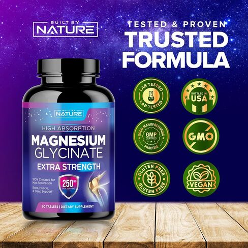 Magnesium Glycinate 250mg - High Absorption Chelated Magnesium Supplement - 100% Pure Magnesium Glycinate - Stress, Sleep, Heart, and Muscle Health Support - Non-GMO, Vegan, Gluten-Free (60 Tablets) in Saudi Arabia