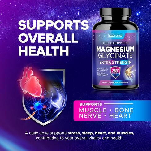 Magnesium Glycinate 250mg - High Absorption Chelated Magnesium Supplement - 100% Pure Magnesium Glycinate - Stress, Sleep, Heart, and Muscle Health Support - Non-GMO, Vegan, Gluten-Free (60 Tablets) in Saudi Arabia