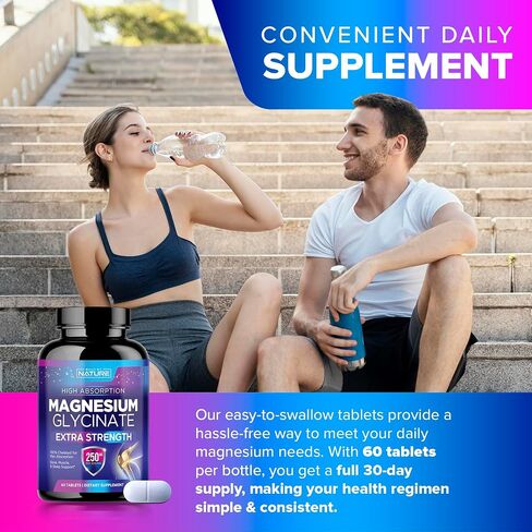 Magnesium Glycinate 250mg - High Absorption Chelated Magnesium Supplement - 100% Pure Magnesium Glycinate - Stress, Sleep, Heart, and Muscle Health Support - Non-GMO, Vegan, Gluten-Free (60 Tablets) in Saudi Arabia