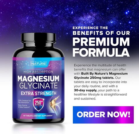 Magnesium Glycinate 250mg - High Absorption Chelated Magnesium Supplement - 100% Pure Magnesium Glycinate - Stress, Sleep, Heart, and Muscle Health Support - Non-GMO, Vegan, Gluten-Free (60 Tablets) in Saudi Arabia