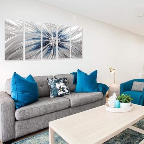 RICHSPACE ARTS Contemporary Metal Wall Art Blue and Silver Modern Sculpture Decor for Living Room 3d Flower Aluminum Artwork for Home and Office Farmhouse Style in Saudi Arabia