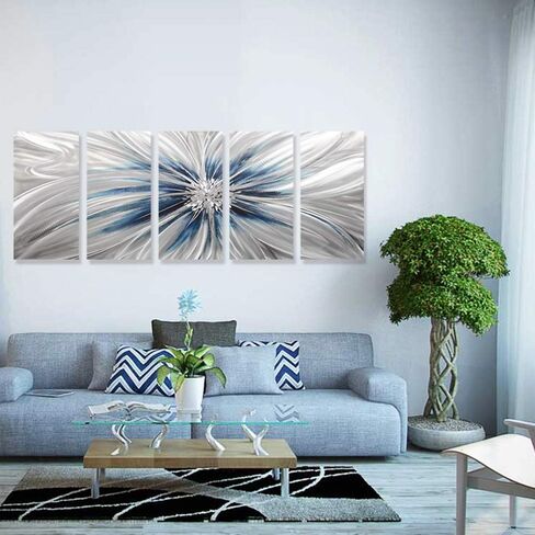 RICHSPACE ARTS Contemporary Metal Wall Art Blue and Silver Modern Sculpture Decor for Living Room 3d Flower Aluminum Artwork for Home and Office Farmhouse Style in Saudi Arabia