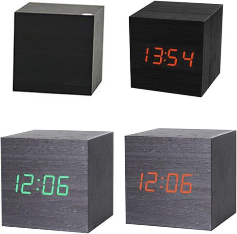 منبهات خشبية شاشة LED رقمية مع التحكم الصوتي في درجة الحرارة والتاريخ والوقت المكعب الصغير ساعة كهربائية جمالية لغرفة النوم وسطح المكتب والمكتب والسرير والسفر والديكور الفني in Kuwait
