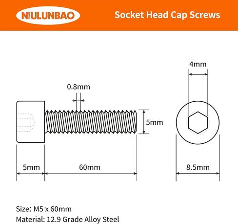M5-0.8 × 60 مم براغي غطاء رأس مقبس سداسي 12.9 درجة من سبائك الصلب، لمسة نهائية من أكسيد الأسود، محرك سداسي ألين متري، ماكينة ملولبة بالكامل 25 قطعة in Kuwait