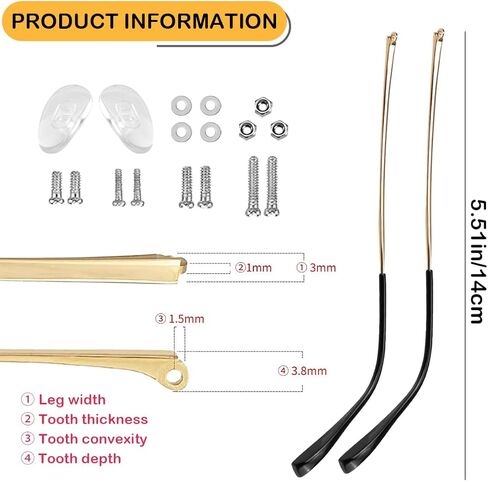 زوج واحد من أذرع استبدال النظارات المعدنية، استبدال ذراع أرجل النظارات العالمية - أرجل أذرع النظارات، براغي، غسالات لولبية، هيكل بديل للنظارات المعدنية لإصلاح النظارات in Kuwait