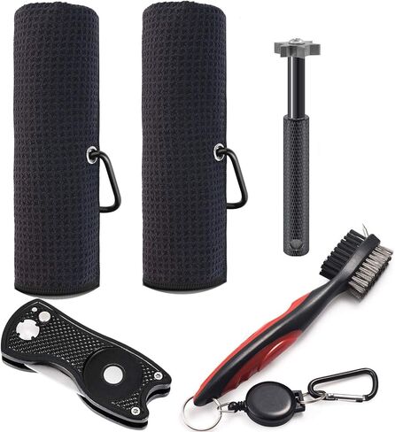 منشفة جولف من الألياف الدقيقة ثلاثية الطي، فرشاة نادي الجولف مع منظف الأخدود، أداة إصلاح معدنية قابلة للطي، مبراة أخدود نادي الجولف، مجموعة هدايا إكسسوارات الجولف (5 في 1) in Kuwait