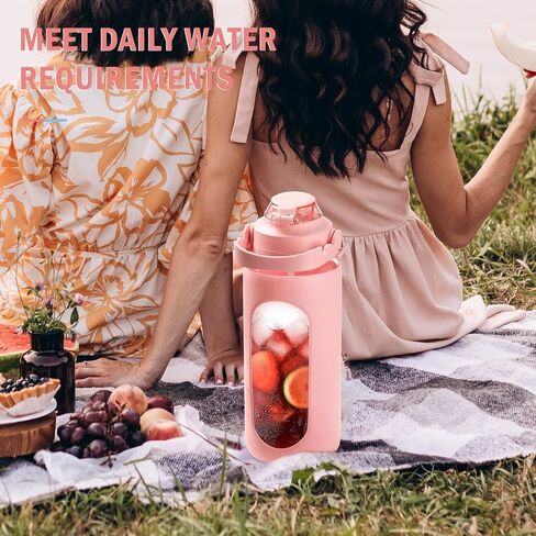 BLUEGO 64oz Glass Water Bottle Motivational Water Bottle with Time Marker and Straw Wide Mouth Half Gallon Water Bottle with Silicone Sleeve 2 Liter Large Glass Water Jug for Gym, Amber in Saudi Arabia