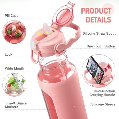 BLUEGO 64oz Glass Water Bottle Motivational Water Bottle with Time Marker and Straw Wide Mouth Half Gallon Water Bottle with Silicone Sleeve 2 Liter Large Glass Water Jug for Gym, Amber in Saudi Arabia