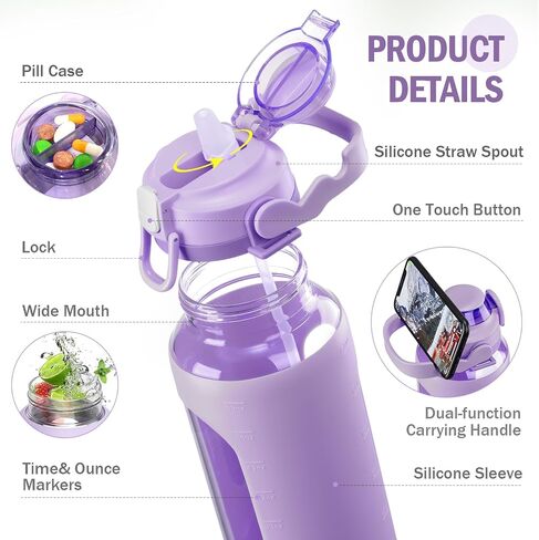 BLUEGO 64oz Glass Water Bottle Motivational Water Bottle with Time Marker and Straw Wide Mouth Half Gallon Water Bottle with Silicone Sleeve 2 Liter Large Glass Water Jug for Gym, Amber in Saudi Arabia