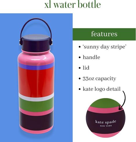 Kate Spade New York Large Insulated Stainless Steel Water Bottle, 33 Ounce Metal Water Bottle, Double Wall Travel Tumbler with Lid (Sunny Day Stripe) in Saudi Arabia