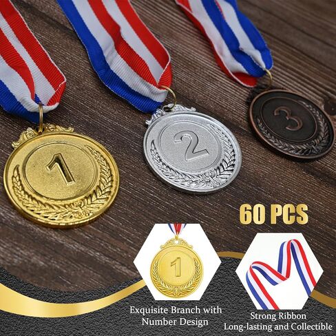 60 قطعة من ميداليات الجوائز الذهبية والفضية والبرونزية مع شريط للرقبة، ميداليات للجوائز، ميداليات الجائزة الأولى والثانية للأطفال والكبار، هدايا الحفلات المسابقات، 2 بوصة (60) in Kuwait