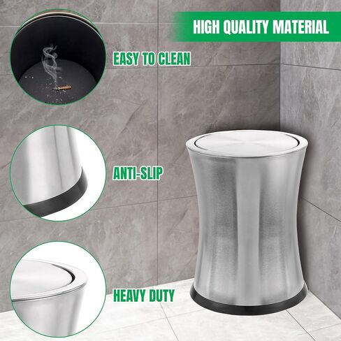 Bennett Swivel-A-Lid Small Trash Can, Stainless Steel Attractive 'Center-Inset' Designed Wastebasket, Modern Home Décor, Round Shape (Silver) in Saudi Arabia