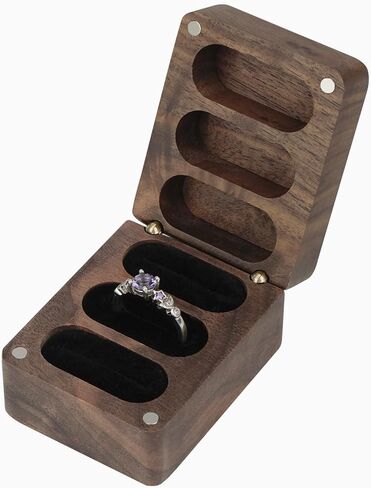Wooden Ring Box 3 Slots, Walnut Velvet Ring Case, Travel Square Jewelry Storage Box Organizer, Suitable for Wedding, Engagement in Kuwait