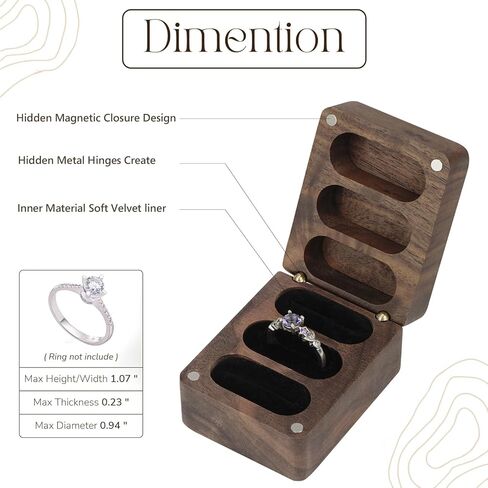 Wooden Ring Box 3 Slots, Walnut Velvet Ring Case, Travel Square Jewelry Storage Box Organizer, Suitable for Wedding, Engagement in Kuwait