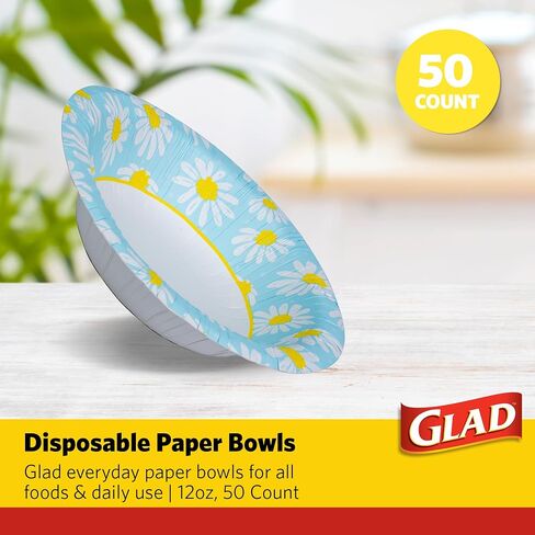 Glad Everyday Disposable Paper Bowls with Lovely Daisies Design| Cut-Resistant, Microwavable Paper Bowls for All Foods & Daily Use | 12 oz, 50 Count in Saudi Arabia