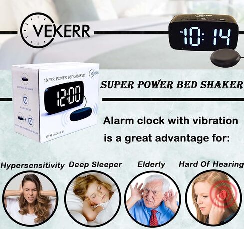 Loud Alarm Clock with Bed Shaker, Vibrating Alarm Clock for Heavy Sleepers, Multifunctional Digital Alarm Clock, Deaf and Hard of Hearing, Full Range Dimmer and Battery Backup (Black, 1) in Saudi Arabia