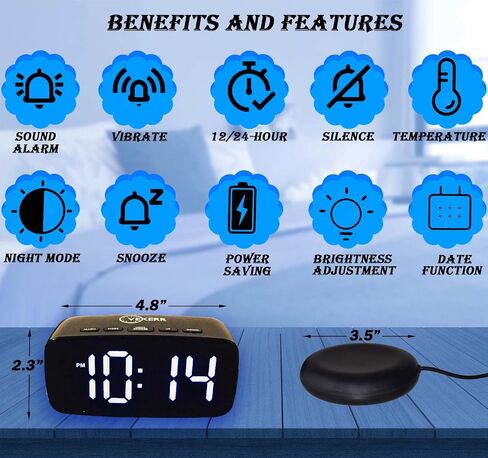 Loud Alarm Clock with Bed Shaker, Vibrating Alarm Clock for Heavy Sleepers, Multifunctional Digital Alarm Clock, Deaf and Hard of Hearing, Full Range Dimmer and Battery Backup (Black, 1) in Saudi Arabia