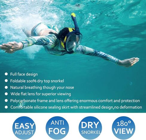 Full Face Snorkel Mask, Diving Mask with 180° Panoramic View Dual Airflow Breathing Technology with Detachable Camera Mount, Dry Top Set Anti Fog Anti Leak for Kids Adult in Saudi Arabia
