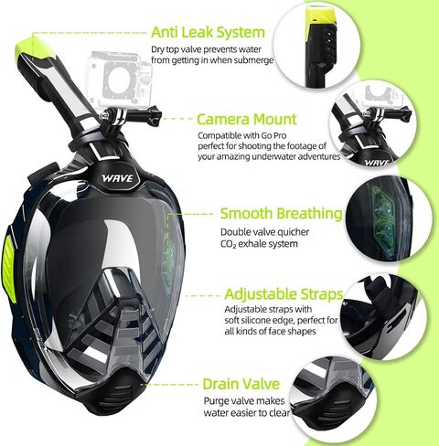 Full Face Snorkel Mask, Diving Mask with 180° Panoramic View Dual Airflow Breathing Technology with Detachable Camera Mount, Dry Top Set Anti Fog Anti Leak for Kids Adult in Saudi Arabia