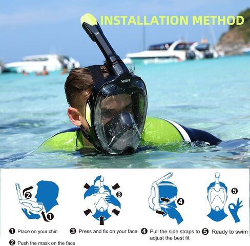 Full Face Snorkel Mask, Diving Mask with 180° Panoramic View Dual Airflow Breathing Technology with Detachable Camera Mount, Dry Top Set Anti Fog Anti Leak for Kids Adult in Saudi Arabia