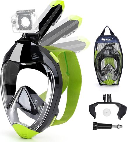 قناع غص لكامل الوجه، قناع غوص مع رؤية بانورامية 180 درجة، تكنولوجيا التنفس لتدفق الهواء المزدوج مع حامل كاميرا قابل للفصل، مجموعة علوية جافة مضادة للضباب ومضادة للتسرب للأطفال والكبار in Kuwait