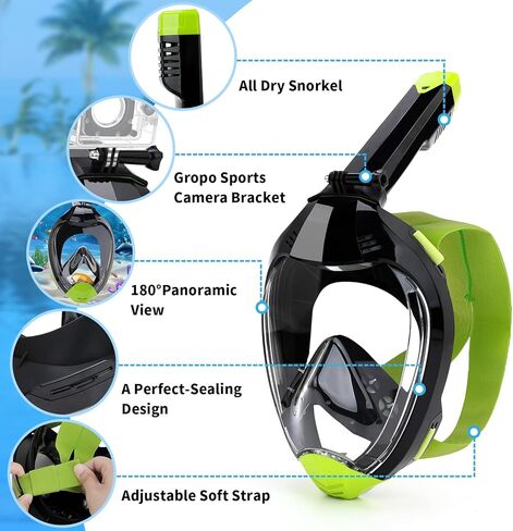قناع غص لكامل الوجه، قناع غوص مع رؤية بانورامية 180 درجة، تكنولوجيا التنفس لتدفق الهواء المزدوج مع حامل كاميرا قابل للفصل، مجموعة علوية جافة مضادة للضباب ومضادة للتسرب للأطفال والكبار in Kuwait