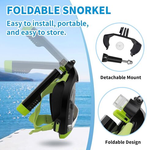 قناع غص لكامل الوجه، قناع غوص مع رؤية بانورامية 180 درجة، تكنولوجيا التنفس لتدفق الهواء المزدوج مع حامل كاميرا قابل للفصل، مجموعة علوية جافة مضادة للضباب ومضادة للتسرب للأطفال والكبار in Kuwait