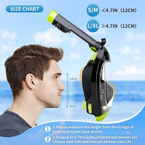 قناع غص لكامل الوجه، قناع غوص مع رؤية بانورامية 180 درجة، تكنولوجيا التنفس لتدفق الهواء المزدوج مع حامل كاميرا قابل للفصل، مجموعة علوية جافة مضادة للضباب ومضادة للتسرب للأطفال والكبار in Kuwait