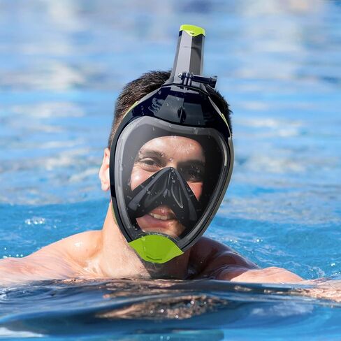 قناع غص لكامل الوجه، قناع غوص مع رؤية بانورامية 180 درجة، تكنولوجيا التنفس لتدفق الهواء المزدوج مع حامل كاميرا قابل للفصل، مجموعة علوية جافة مضادة للضباب ومضادة للتسرب للأطفال والكبار in Kuwait