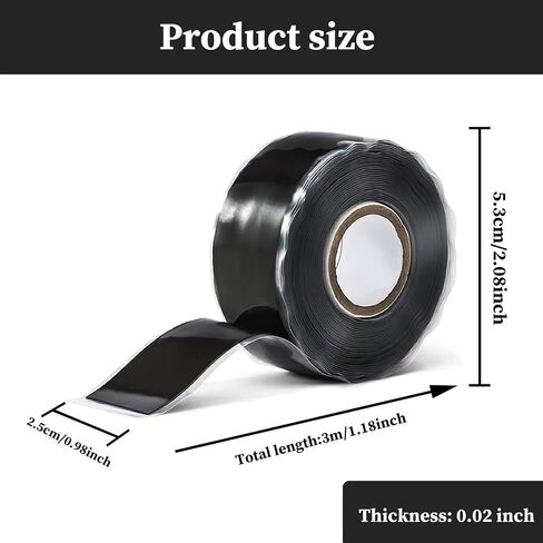 شريط لاصق مقاوم للماء 2.5 سم × 3 متر، شريط إصلاح السيليكون، شريط مطاطي ذاتي الدمج، شريط مقاوم للماء للتسريبات، شريط ختم مطاطي للأنابيب، الحنفيات، المقابض (أسود) in Kuwait