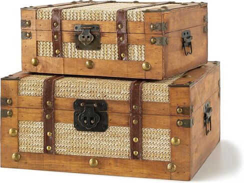 Soul & Lane Benjamin Wood Decorative Suitcase Storage Boxes with Hinged Lids, Vintage Keepsake Memory Trunks - Set of 2, Antique Luggage Set, Wooden Nesting Treasure Chests in Saudi Arabia