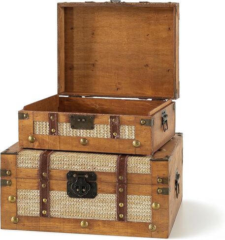 Soul & Lane Benjamin Wood Decorative Suitcase Storage Boxes with Hinged Lids, Vintage Keepsake Memory Trunks - Set of 2, Antique Luggage Set, Wooden Nesting Treasure Chests in Saudi Arabia