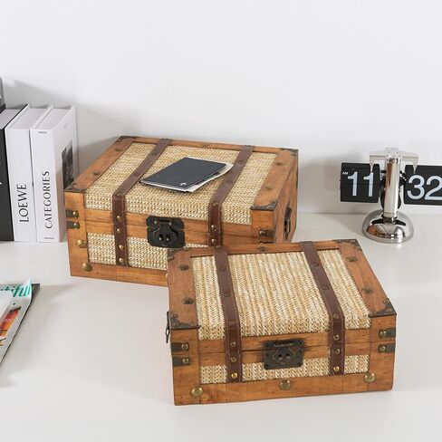 Soul & Lane Benjamin Wood Decorative Suitcase Storage Boxes with Hinged Lids, Vintage Keepsake Memory Trunks - Set of 2, Antique Luggage Set, Wooden Nesting Treasure Chests in Saudi Arabia